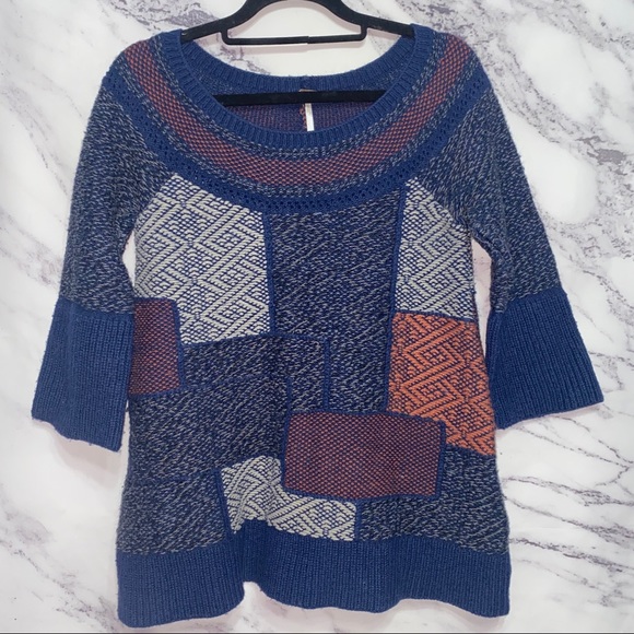 Free People Patchwork Bell Sleeve Tunic Sweater XS - Picture 2 of 7